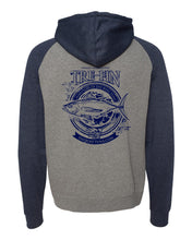 Load image into Gallery viewer, Heritage Logo Raglan Hooded Pullover Sweatshirt in Gunmetal Heather/Navy