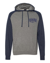 Load image into Gallery viewer, Heritage Logo Raglan Hooded Pullover Sweatshirt in Gunmetal Heather/Navy