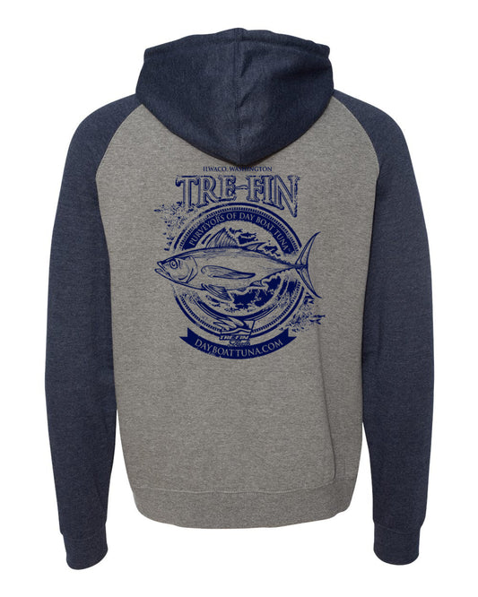 Heritage Logo Raglan Hooded Pullover Sweatshirt in Gunmetal Heather/Navy