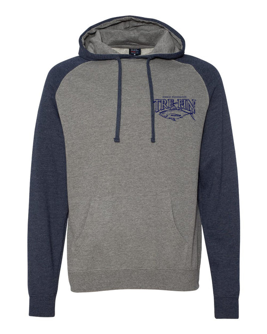 Heritage Logo Raglan Hooded Pullover Sweatshirt in Gunmetal Heather/Navy