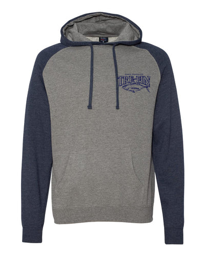 Heritage Logo Raglan Hooded Pullover Sweatshirt in Gunmetal Heather/Navy